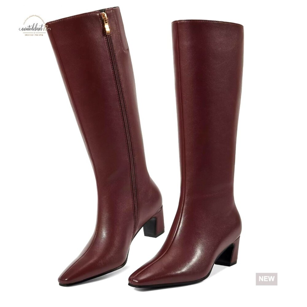 Knee High Boots Women Chunky Low Heel Square Toe Faux Leather Side Zipper